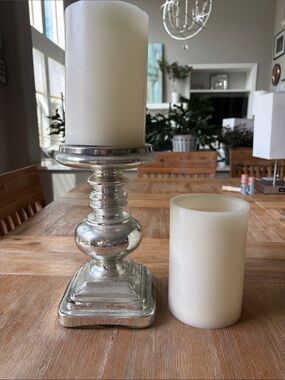 2 Crate and Barrel Flameless Pillar Candles with Mercury Glass Pillar Holder
